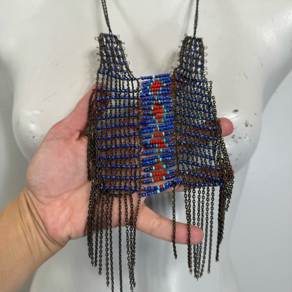 Vintage hand beaded handmade necklace tribal boho festival long red blue aztec - Picture 5 of 10